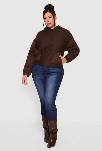 Womens Plus Size Hooded Quilted Sweatshirt, Brown, Size 2X