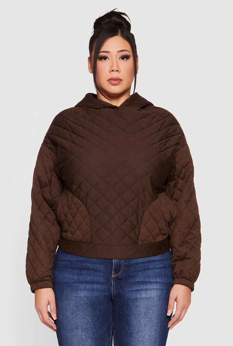 Womens Plus Size Hooded Quilted Sweatshirt, Brown, Size 2X