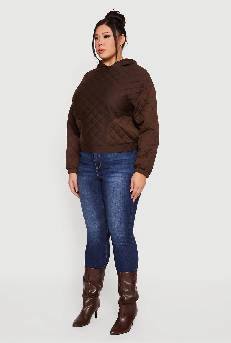 Womens Plus Size Hooded Quilted Sweatshirt, Brown, Size 2X