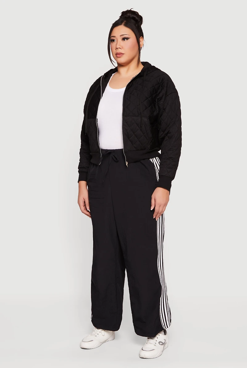 Womens Plus Size Quilted Long Sleeve Hooded Sweatshirt, Black, Size 1X