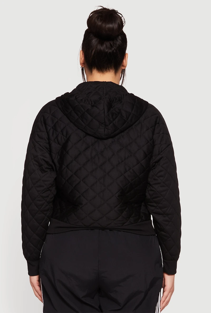 Womens Plus Size Quilted Long Sleeve Hooded Sweatshirt, Black, Size 1X