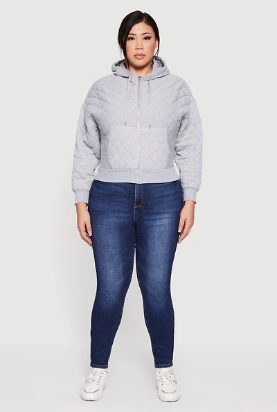 Womens Plus Size Quilted Long Sleeve Hooded Sweatshirt, Grey, Size 2X