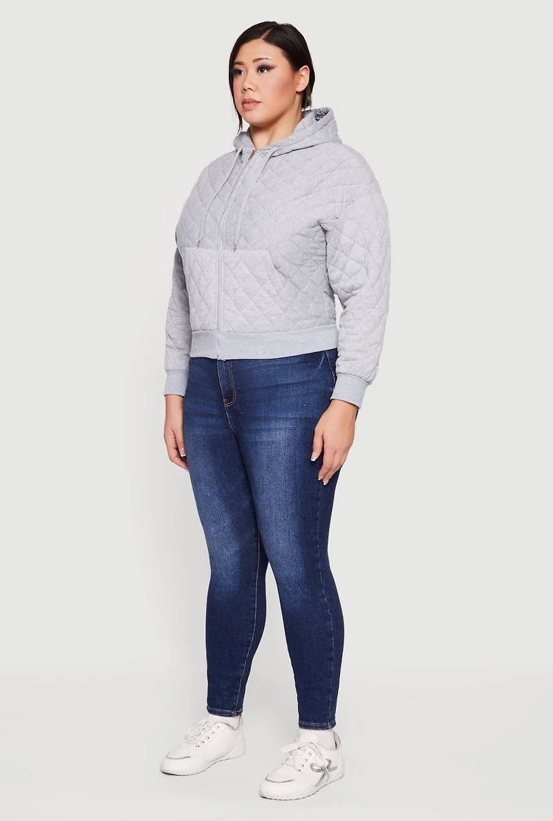 Womens Plus Size Quilted Long Sleeve Hooded Sweatshirt, Grey, Size 2X