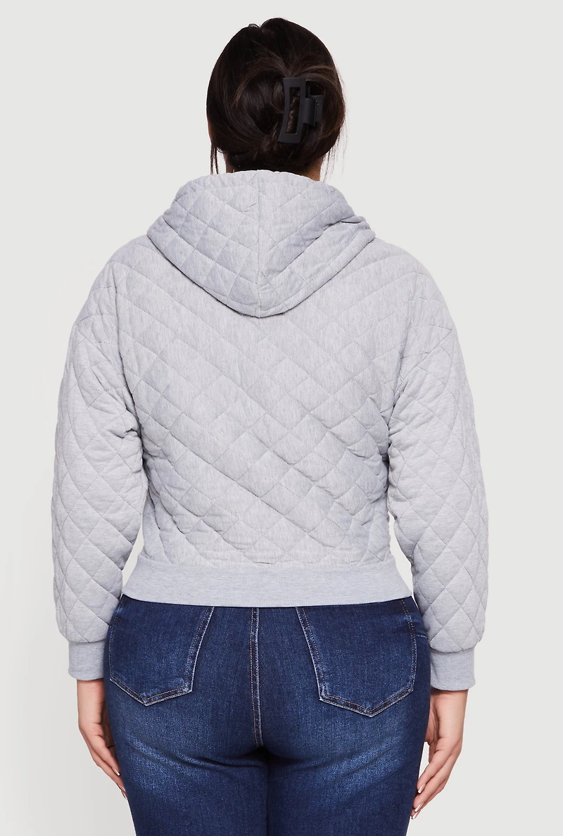 Womens Plus Size Quilted Long Sleeve Hooded Sweatshirt, Grey, Size 2X