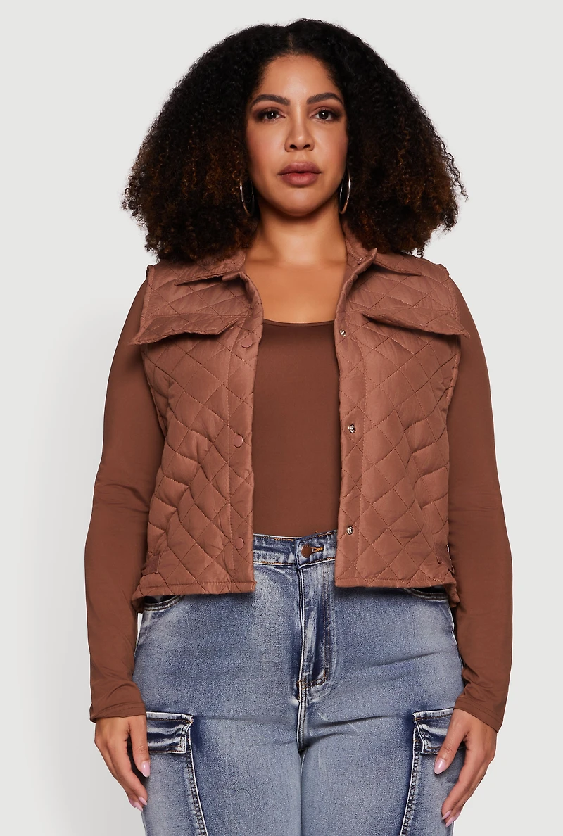 Womens Plus Size Quilted Snap Button Front Vest, Brown, Size 4X