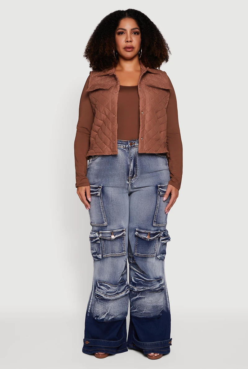 Womens Plus Size Quilted Snap Button Front Vest, Brown, Size 4X