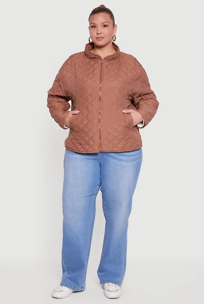 Womens Plus Size Long Sleeve Zip Front Quilted Puffer Jacket, Brown, Size 1X