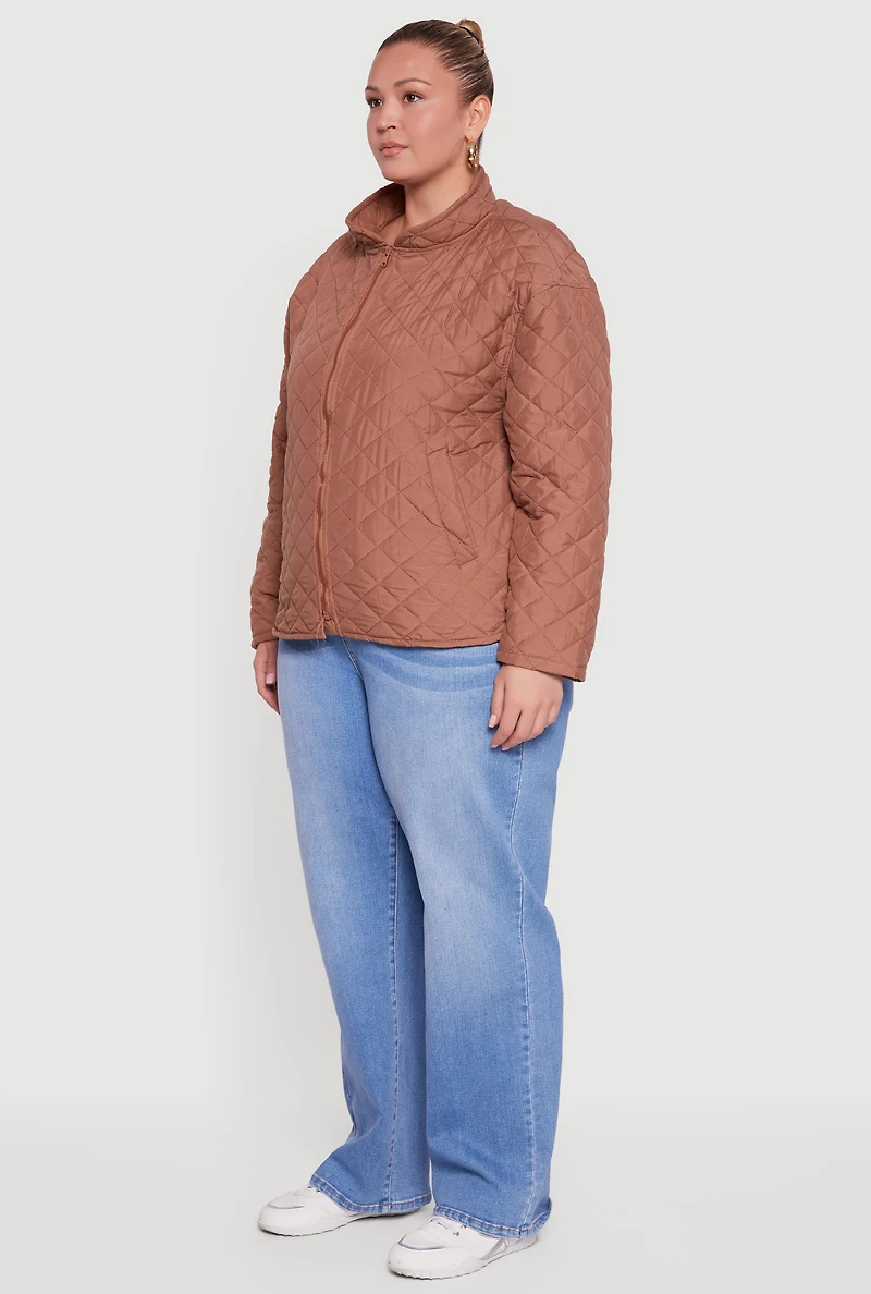 Womens Plus Size Long Sleeve Zip Front Quilted Puffer Jacket, Brown, Size 1X