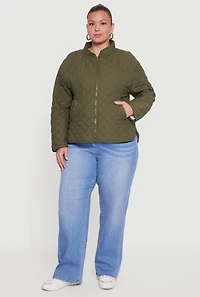 Plus Long Sleeve Zip Front Quilted Puffer Jacket