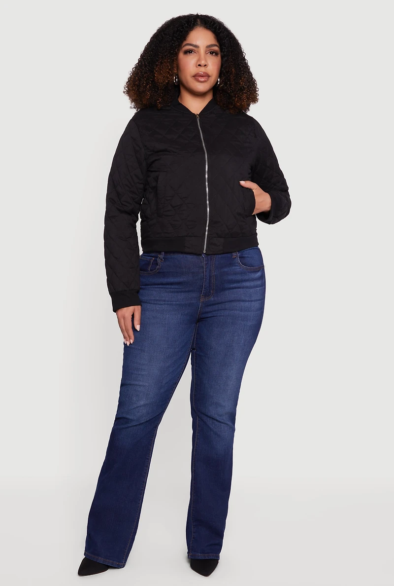 Womens Plus Size Zip Front Quilted Bomber Jacket, Black, Size 2X