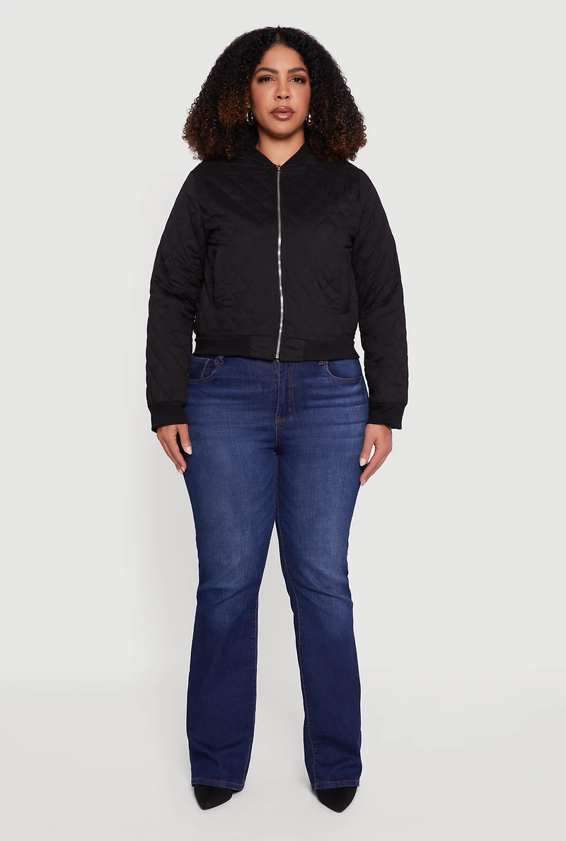 Womens Plus Size Zip Front Quilted Bomber Jacket, Black, Size 2X