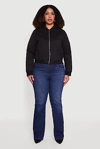 Womens Plus Size Zip Front Quilted Bomber Jacket, Black, Size 2X
