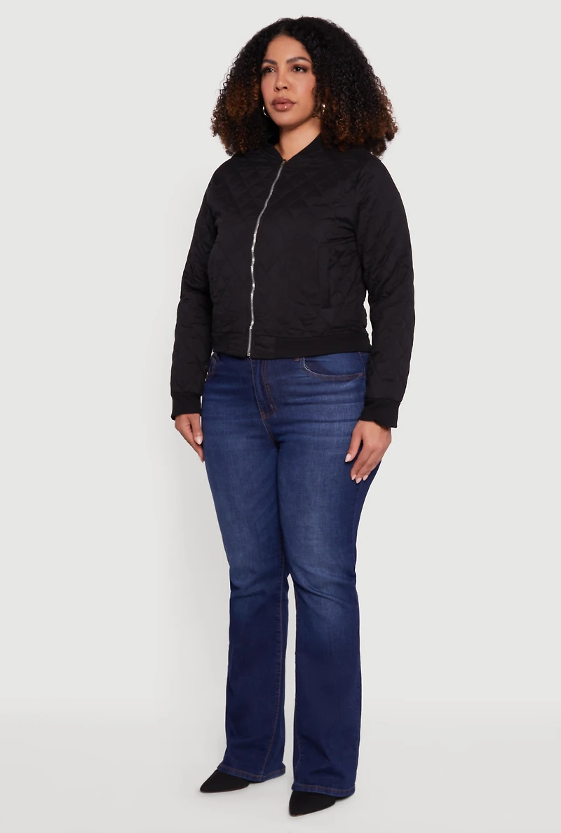 Womens Plus Size Zip Front Quilted Bomber Jacket, Black, Size 2X