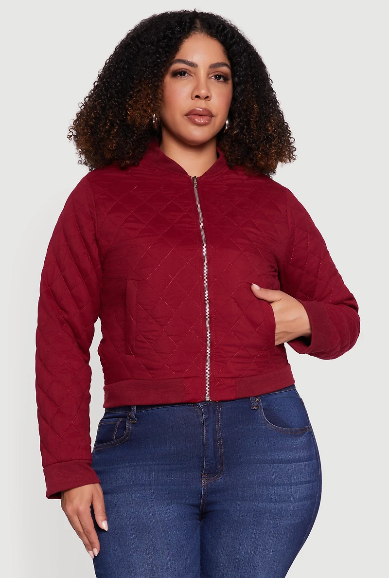 Womens Plus Size Zip Front Quilted Bomber Jacket, Burgundy, Size 3X