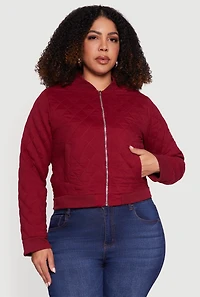 Womens Plus Size Zip Front Quilted Bomber Jacket, Burgundy, Size 3X