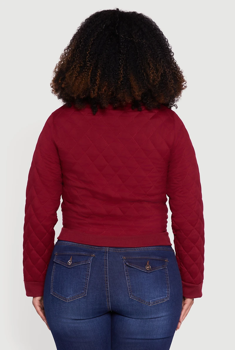 Womens Plus Size Zip Front Quilted Bomber Jacket, Burgundy, Size 3X