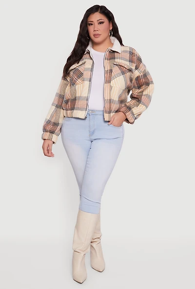 Womens Plus Size Faux Fur Collared Plaid Zip Front Shacket, Beige, Size 3X