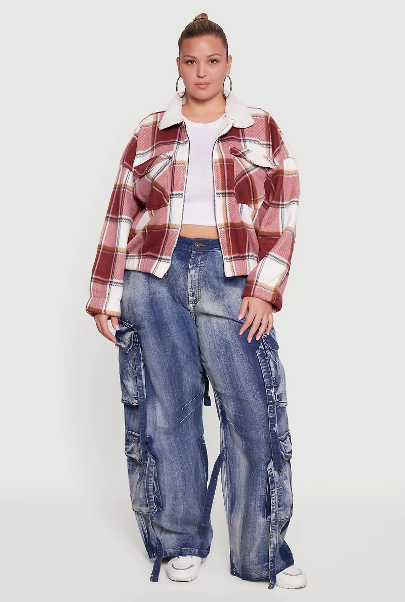 Womens Plus Size Faux Fur Collared Plaid Zip Front Shacket, Red, Size 2X