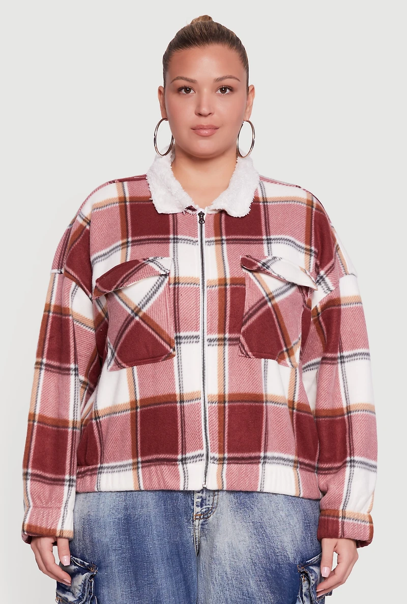 Womens Plus Size Faux Fur Collared Plaid Zip Front Shacket, Red, Size 2X
