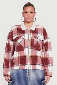 Womens Plus Size Faux Fur Collared Plaid Zip Front Shacket, Red, Size 2X
