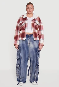 Womens Plus Size Faux Fur Collared Plaid Zip Front Shacket, Red, Size 1X