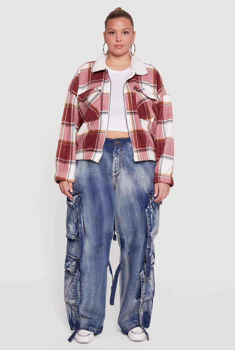 Plus Faux Fur Collared Plaid Zip Front Shacket