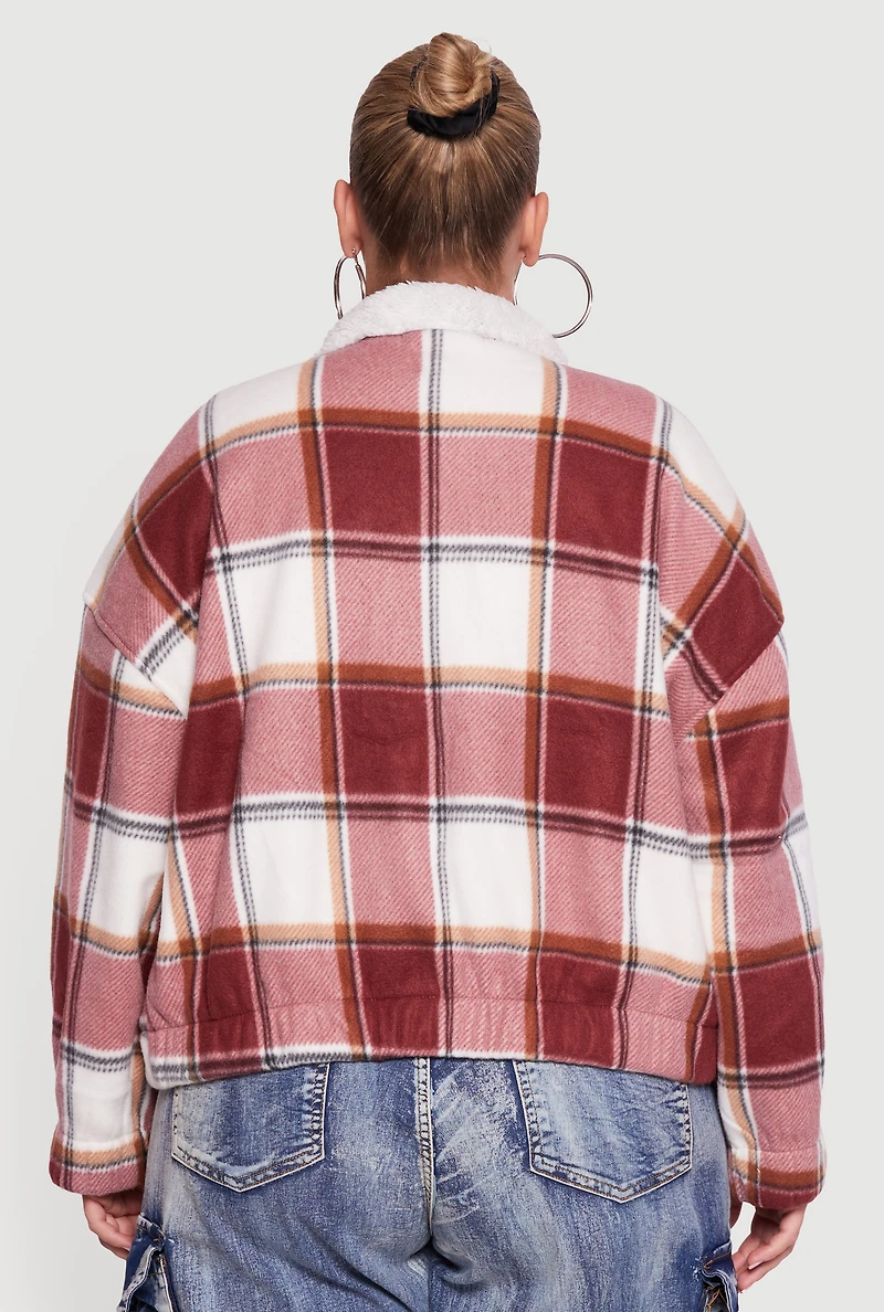 Womens Plus Size Faux Fur Collared Plaid Zip Front Shacket, Red, Size 1X