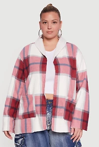 Plus Shawl Collar Plaid Sherpa Shacket