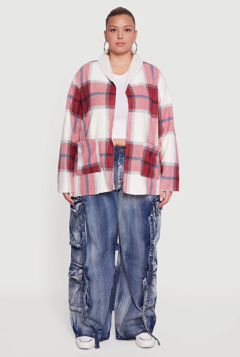 Plus Shawl Collar Plaid Sherpa Shacket