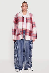 Plus Shawl Collar Plaid Sherpa Shacket