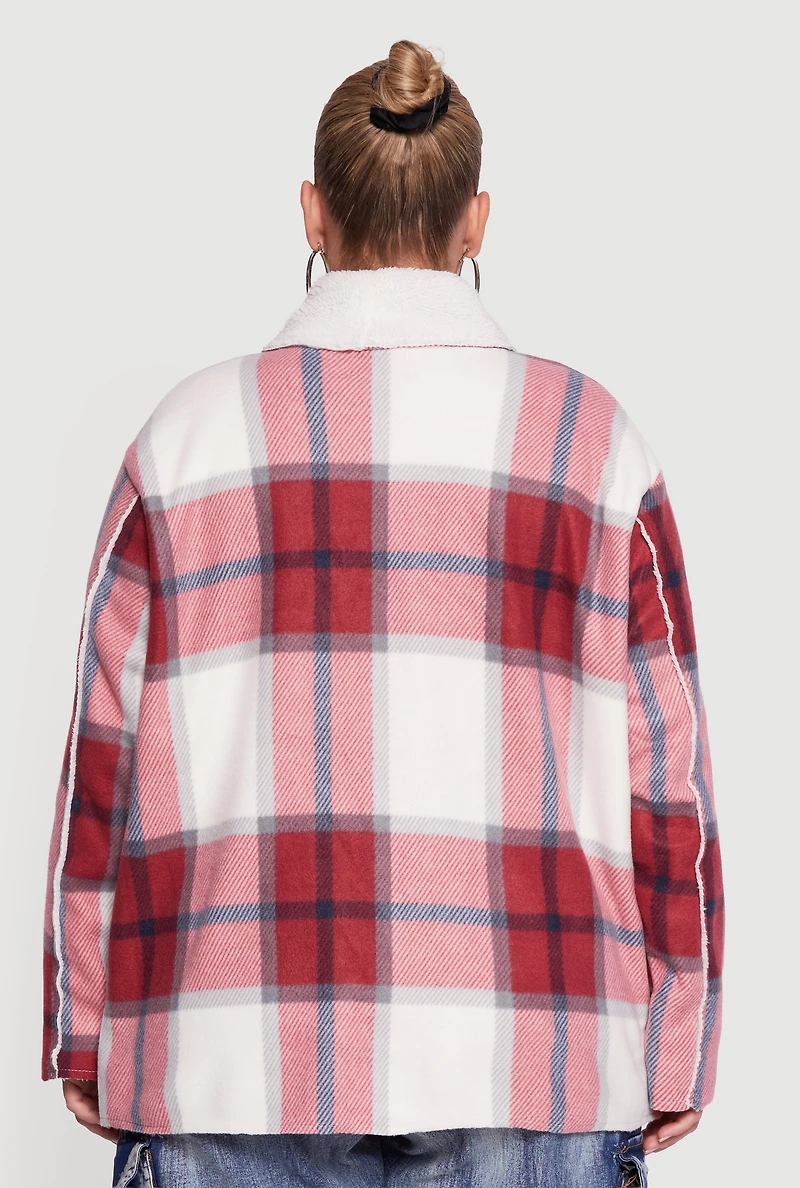 Plus Shawl Collar Plaid Sherpa Shacket