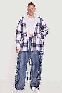 Womens Plus Size Shawl Collar Plaid Sherpa Shacket, Blue, Size 1X