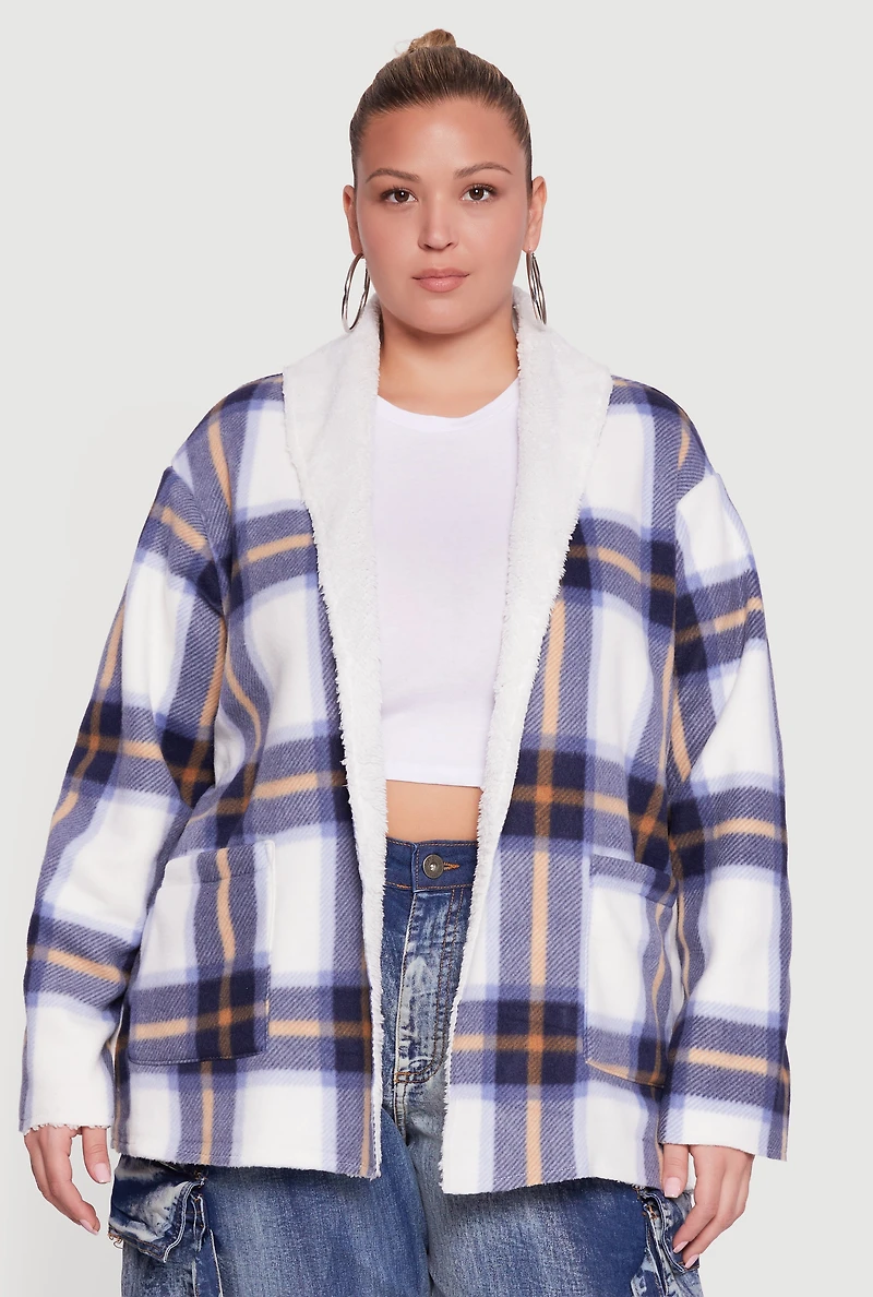 Plus Shawl Collar Plaid Sherpa Shacket