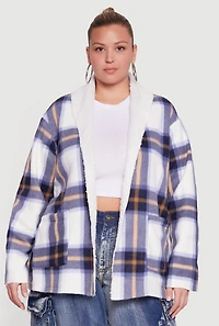 Plus Shawl Collar Plaid Sherpa Shacket