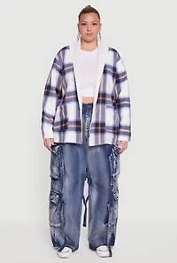 Womens Plus Size Shawl Collar Plaid Sherpa Shacket, Blue, Size 1X