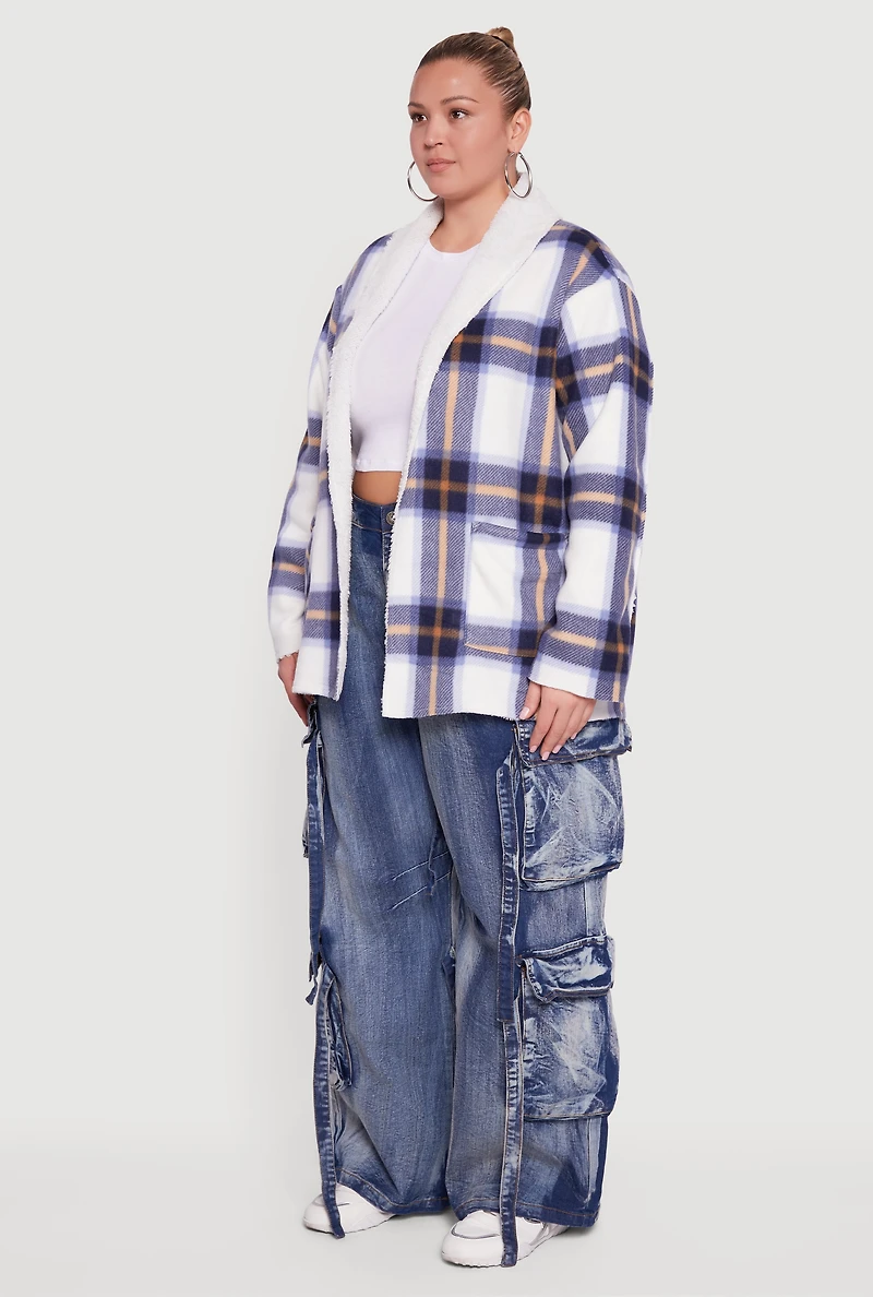 Womens Plus Size Shawl Collar Plaid Sherpa Shacket, Blue, Size 1X