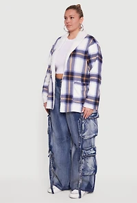 Plus Shawl Collar Plaid Sherpa Shacket