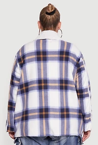 Womens Plus Size Shawl Collar Plaid Sherpa Shacket, Blue, Size 1X