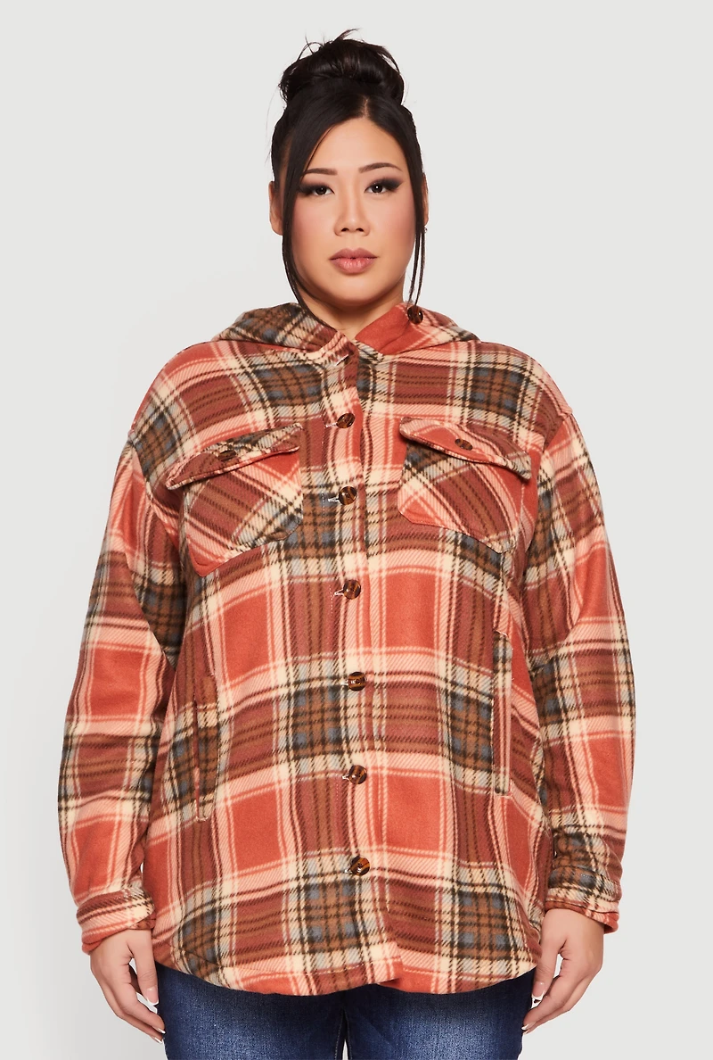 Plus Plaid Sherpa Lined Hooded Fleece Shacket