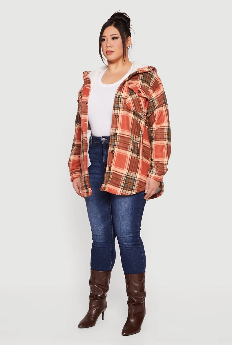 Womens Plus Plaid Sherpa Lined Hooded Fleece Shacket, Orange,