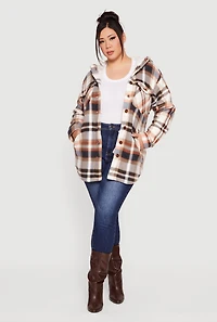 Plus Plaid Sherpa Lined Hooded Fleece Shacket