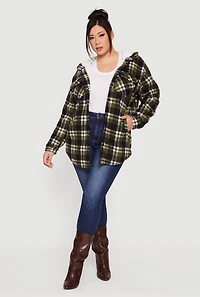 Womens Plus Size Plaid Sherpa Lined Hooded Fleece Shacket, Green, Size 2X