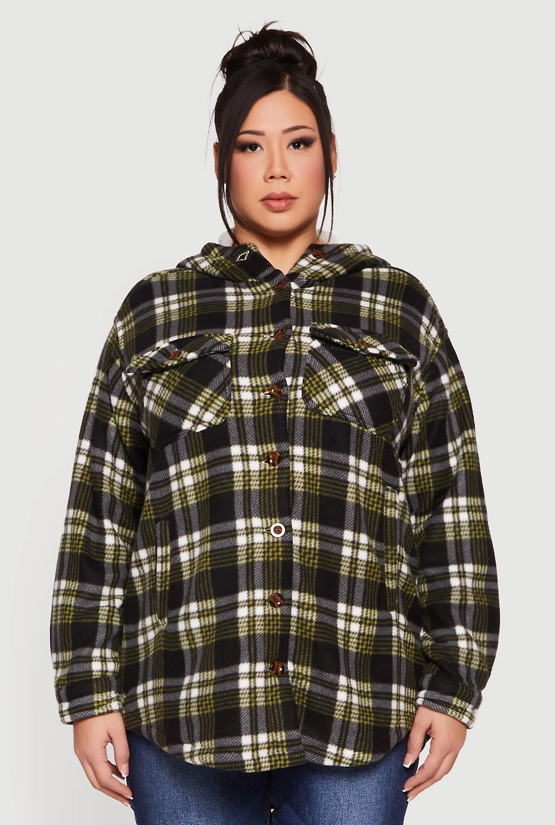 Womens Plus Size Plaid Sherpa Lined Hooded Fleece Shacket, Green, Size 2X