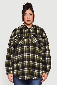 Womens Plus Size Plaid Sherpa Lined Hooded Fleece Shacket, Green, Size 2X