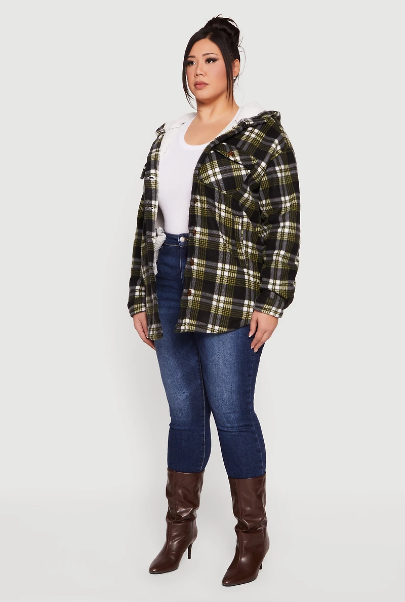 Womens Plus Size Plaid Sherpa Lined Hooded Fleece Shacket, Green, Size 2X