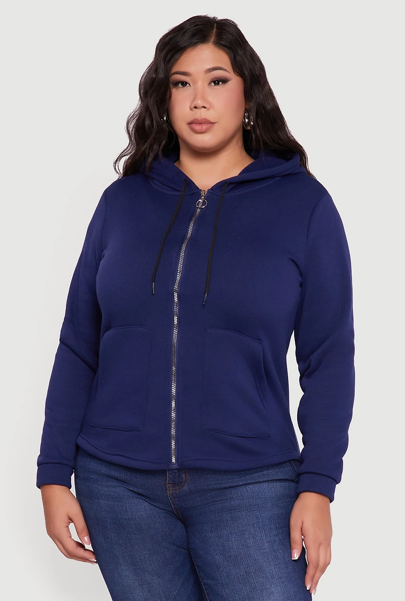 Womens Plus Size Sherpa Lined Zip Up Hoodie, Blue, Size 1X