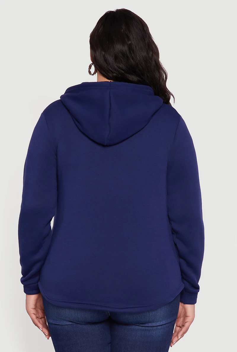 Womens Plus Size Sherpa Lined Zip Up Hoodie, Blue, Size 1X
