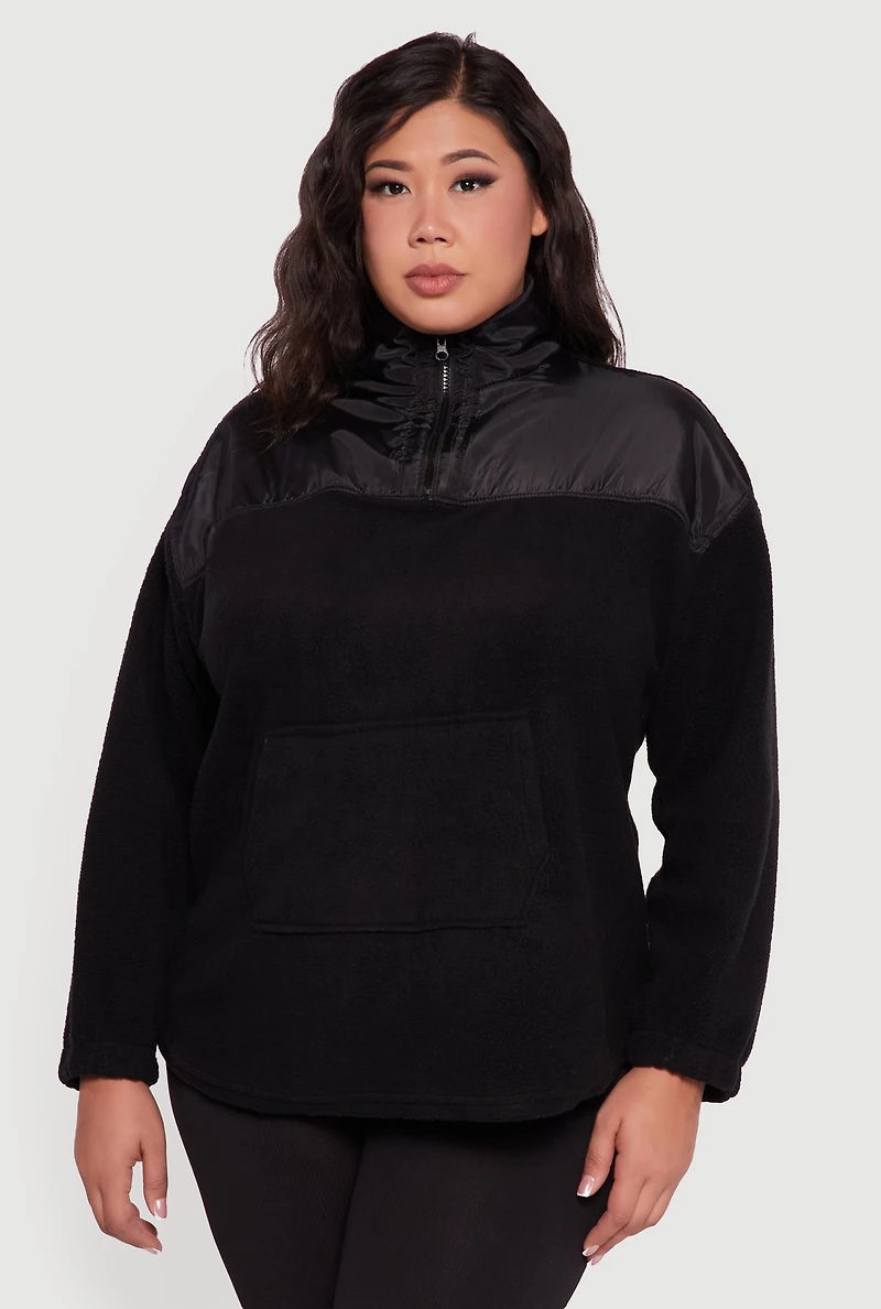 Womens Plus Sherpa Pullover Sweatshirt with Kangaroo Pocket,