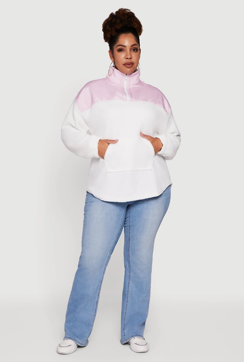 Womens Plus Size Sherpa Pullover Sweatshirt with Kangaroo Pocket, White, Size 4X