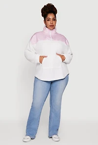 Womens Plus Size Sherpa Pullover Sweatshirt with Kangaroo Pocket, White, Size 4X